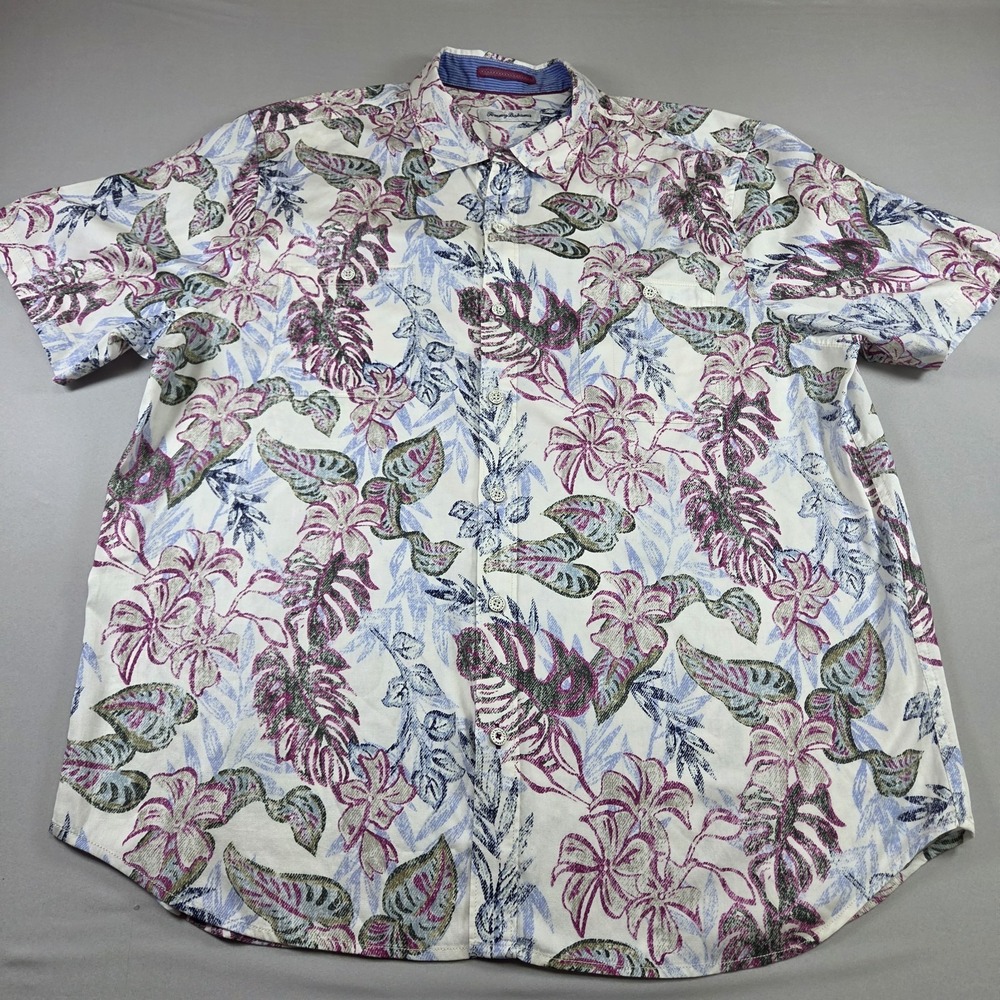 Tommy Bahama Shirt Mens XL Hawaiian Floral Tencel Cotton Button Front Camp
